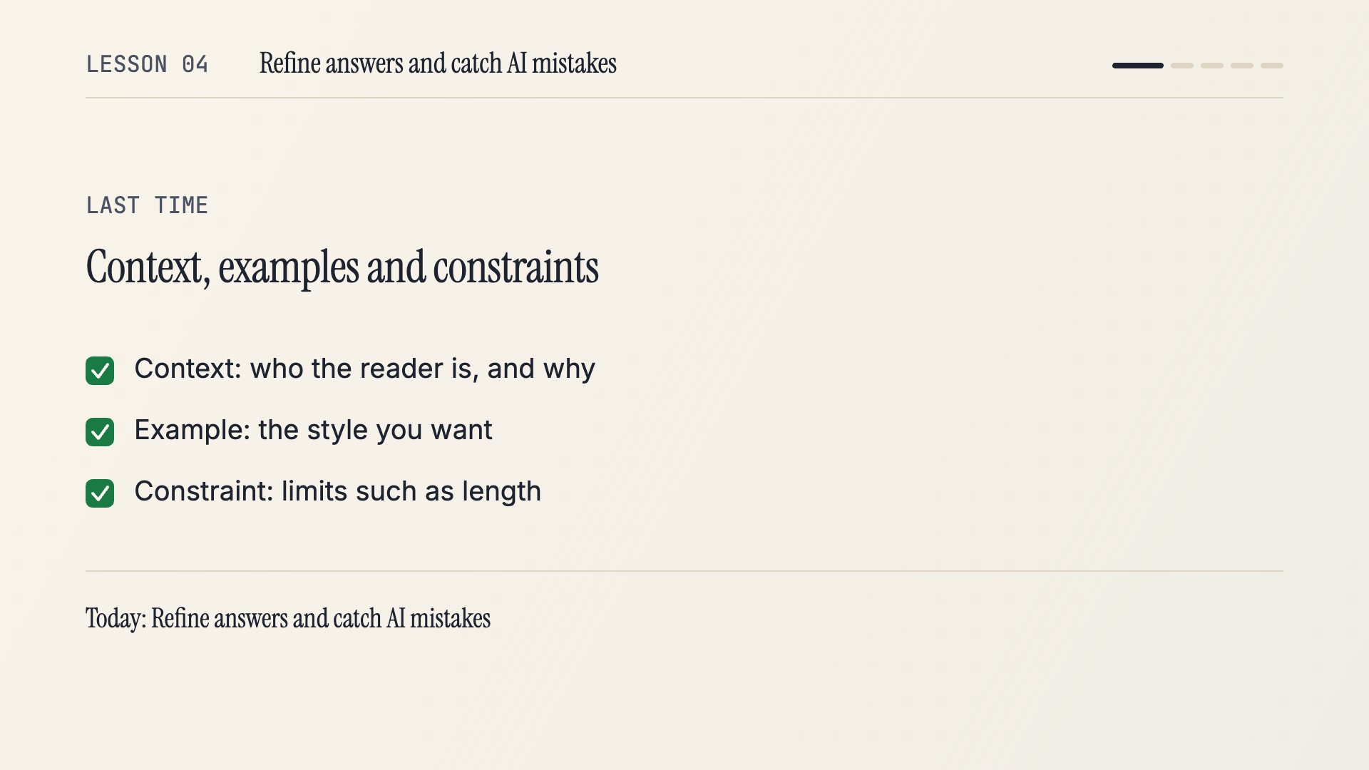 A frame from Lesson 4: a prompt about habits, and a real AI answer that cites a study with confidence